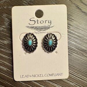 Story by Davinci Turquoise Oval Concho Stud Earrings - Silver Tone